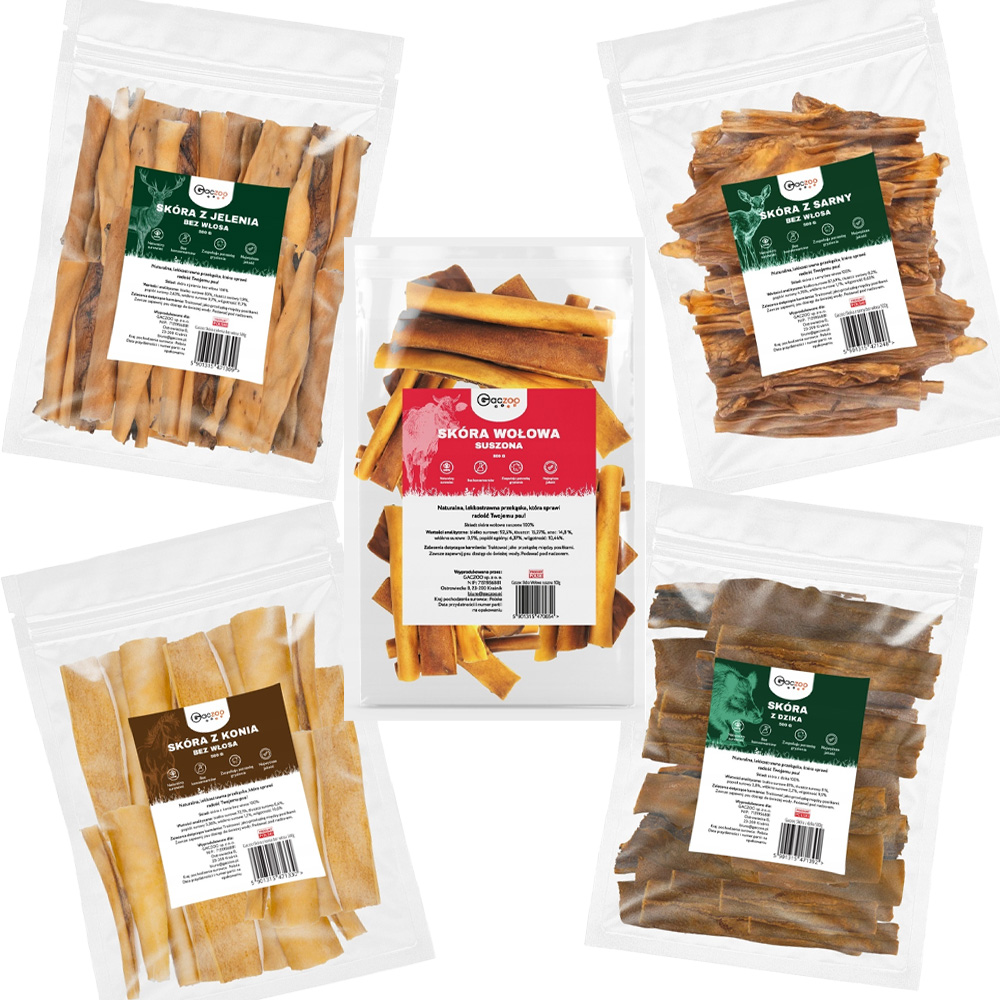 Przysmak dla psa ZESTAW SKÓRY konina wołowina jeleń sarna dzik 5x500g Gaczoo